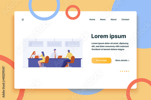 Bank workers providing service to clients. Customers consulting credit managers flat vector illustration. Banking, loan, office, finance concept for banner, website design or landing web page