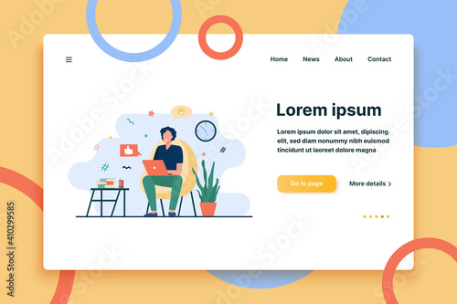 Happy freelancer with computer at home. Young man sitting in armchair and using laptop, chatting online and smiling. Vector illustration for distance work, online learning, freelance concept