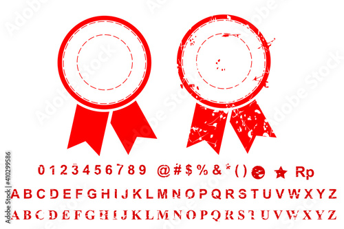 Vector Template 2 Different Style Blank Red Rust Circle with Ribbon Stamp, number, alphabet, special character and currency, Isolated on White