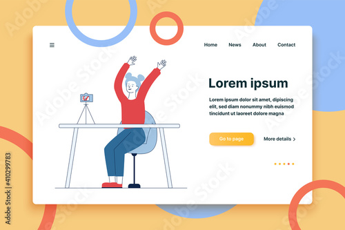 Female blogger posing for camera. Woman recording video of herself flat vector illustration. Internet, networking, blog concept for banner, website design or landing web page