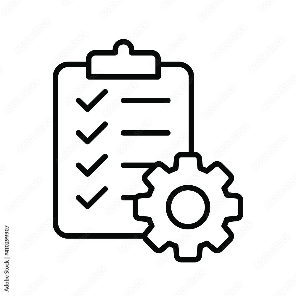 Clipboard and gear icon. Project management concept line style. Technical support check list with cog. Software development concept. Vector illustration for web and app. EPS 10 Clipboard and gear icon. Project management concept line style. Technical support check list with cog. Software development concept. Vector illustration for web and app. EPS 10