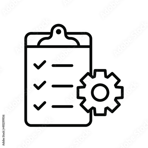 Clipboard and gear icon. Project management concept line style. Technical support check list with cog. Software development concept. Vector illustration for web and app. EPS 10