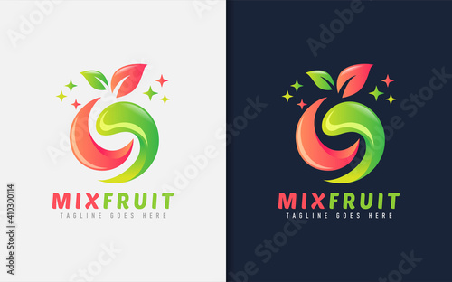 Mix Fruit Logo Design. Abstract Orange and Green Fruit and Leaf Combination. Vector Logo Design Illustration.
