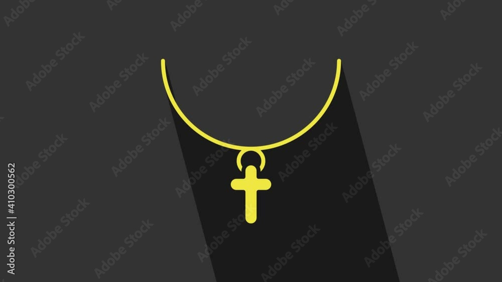 Yellow Christian cross on chain icon isolated on grey background. Church cross. 4K Video motion graphic animation