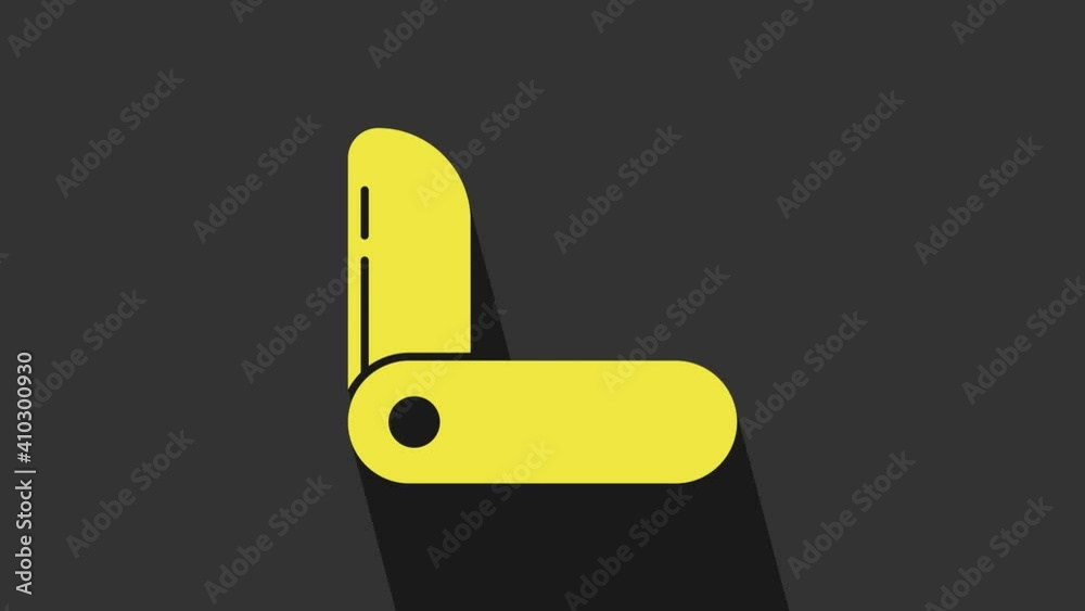 Yellow Swiss army knife icon isolated on grey background. Multi-tool, multipurpose penknife. Multifunctional tool. 4K Video motion graphic animation Yellow Swiss army knife icon isolated on grey background. Multi-tool, multipurpose penknife. Multifunctional tool. 4K Video motion graphic animation