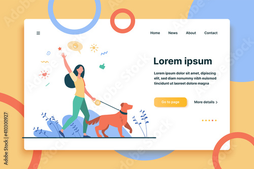 Faceless happy woman walking with dog in park isolated flat vector illustration. Girl with pet on leash strolling at nature and waving. Animal, lifestyle and everyday activity concept