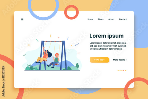 Happy kids swinging on swings. Little friends enjoying activities on playground. Vector illustration for childhood, leisure time outdoors, friendship concept