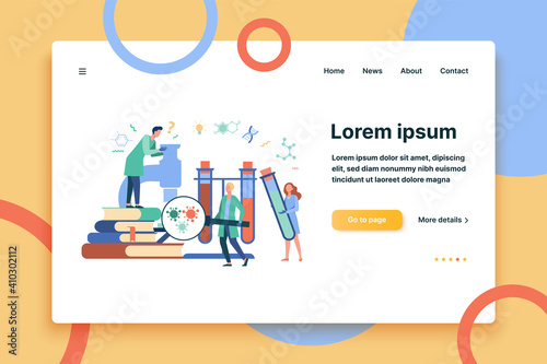 Group of scientists with microscope, chemical tubes and books doing epidemiology research. Chemists studying corona virus tests in medical lab. Can be used for coronavirus pandemic, covid 2019 topics