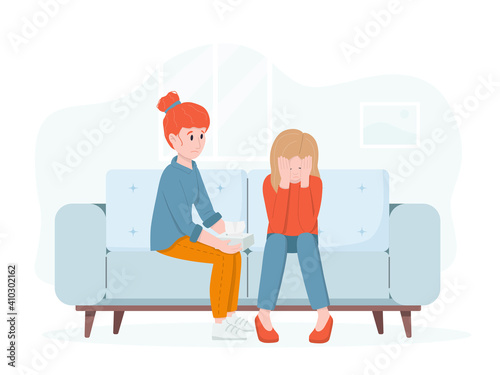Woman support her crying friend. Friendly support concept and comforting friends.