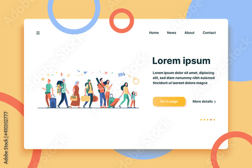 Group of tourists with suitcases and bags standing in airport. Families, elderly couples travelling with luggage. Vector illustration for trip, journey, travel, vacation concept