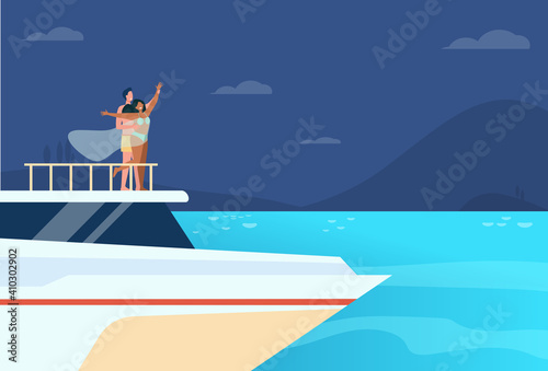 Happy young couple having fun on yacht. Guy and girl on snout of ship, boat or liner. Flat vector illustration. Sailing, vacation, cruise concept for banner, website design or landing web page