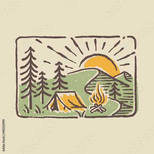 Camping nature adventure wild line badge patch pin graphic illustration vector art t-shirt design