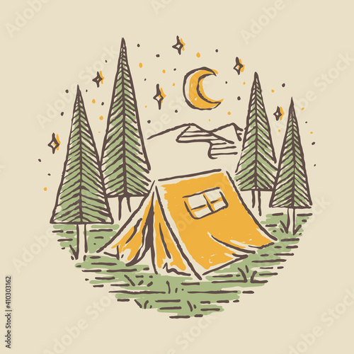 Camping nature adventure wild line badge patch pin graphic illustration vector art t-shirt design