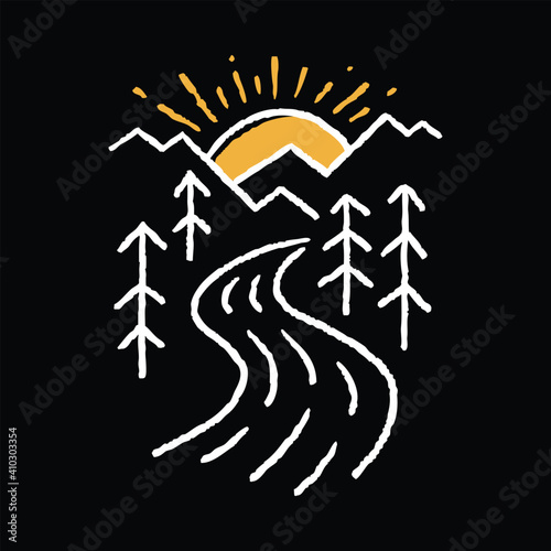 Camping nature adventure wild line badge patch pin graphic illustration vector art t-shirt design