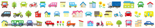 家と車と二輪車と植物のアイコンセット(カラー)横長の配置