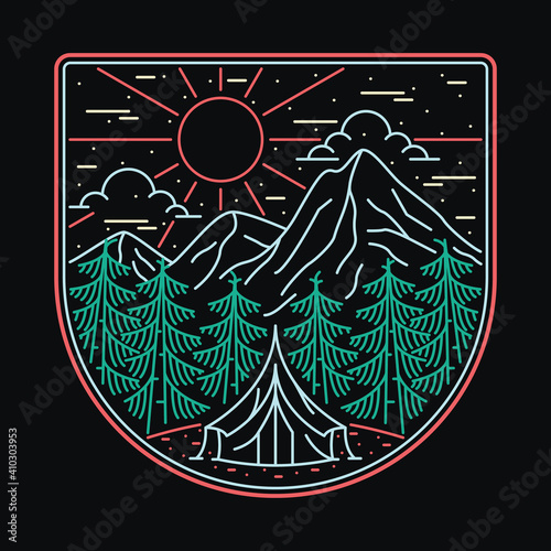 Camping nature adventure wild line badge patch pin graphic illustration vector art t-shirt design