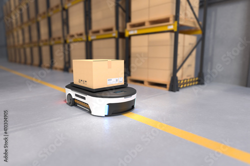 Autonomous Robot transportation in warehouses, Warehouse automation concept. photo