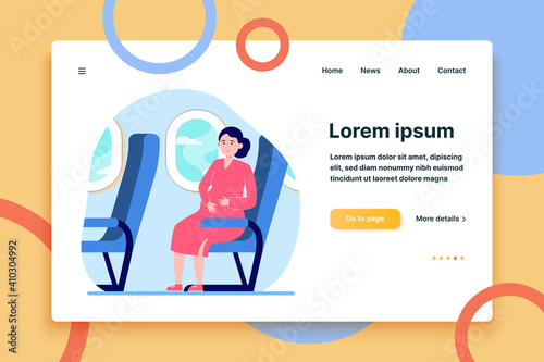 Happy pregnant woman travelling by plane. Seat, flight, trip flat vector illustration. Motherhood and parenthood concept for banner, website design or landing web page