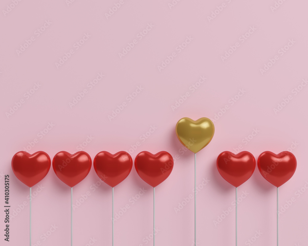 Golden balloons surrounded by red balloons on pink background. valentine concept. 3d illustration.