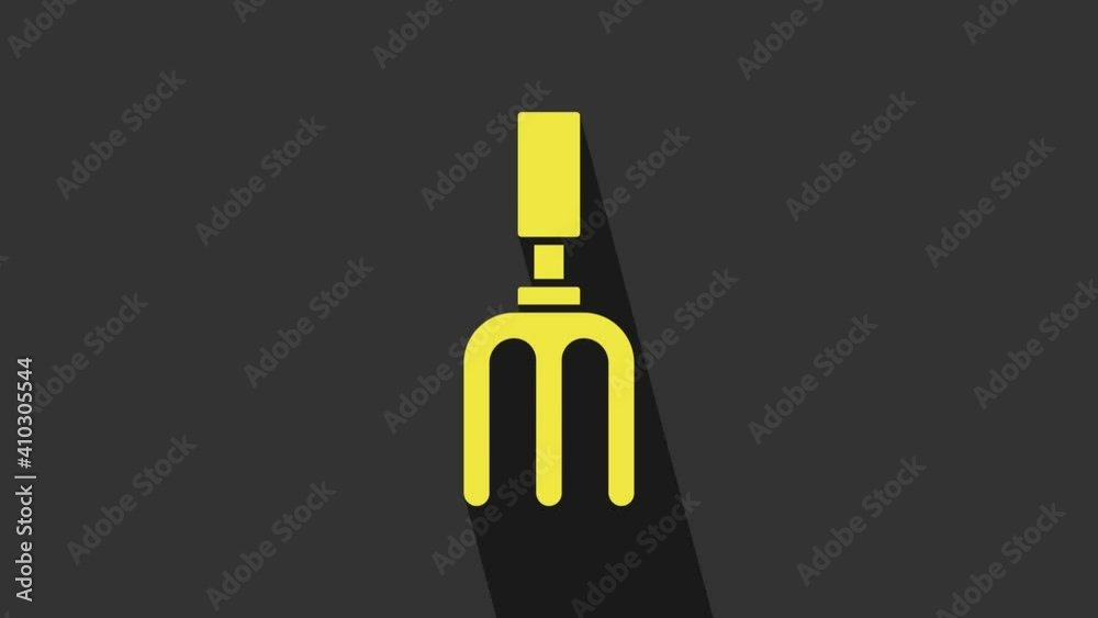 Yellow Garden rake icon isolated on grey background. Tool for horticulture, agriculture, farming. Ground cultivator. 4K Video motion graphic animation Yellow Garden rake icon isolated on grey background. Tool for horticulture, agriculture, farming. Ground cultivator. 4K Video motion graphic animation