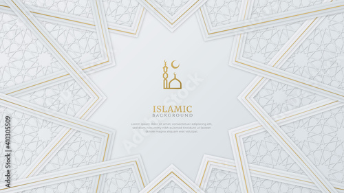 Arabic Islamic Elegant White and Golden Luxury Ornamental Background with Islamic Pattern and Decorative Ornament Border Frame 