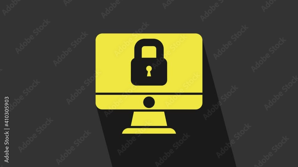 Yellow Lock on computer monitor screen icon isolated on grey background. Security, safety, protection concept. Safe internetwork. 4K Video motion graphic animation Yellow Lock on computer monitor screen icon isolated on grey background. Security, safety, protection concept. Safe internetwork. 4K Video motion graphic animation