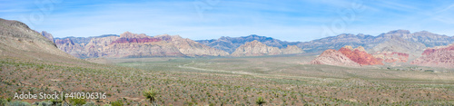 Panoramic view of blue diamond highway and Red Rock Canyon State Park.