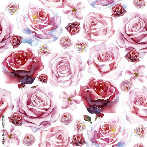 Hand-painted watercolor pink rose seamless pattern