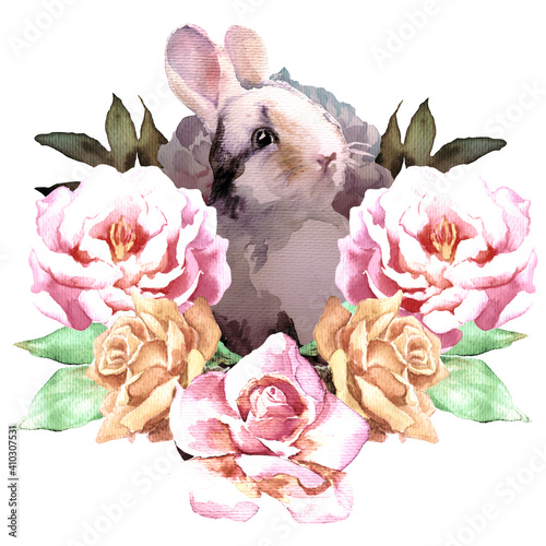 Hand-drawn painted watercolor rabbit with roses and peonies