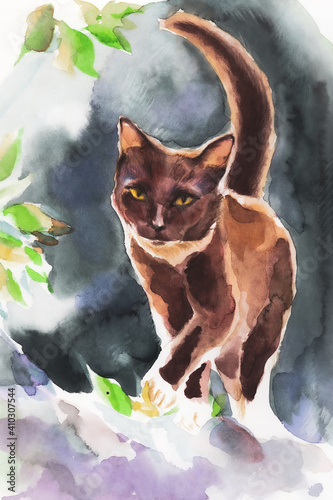 Hand-drawn watercolor and pencils cat on the tree on indigo background