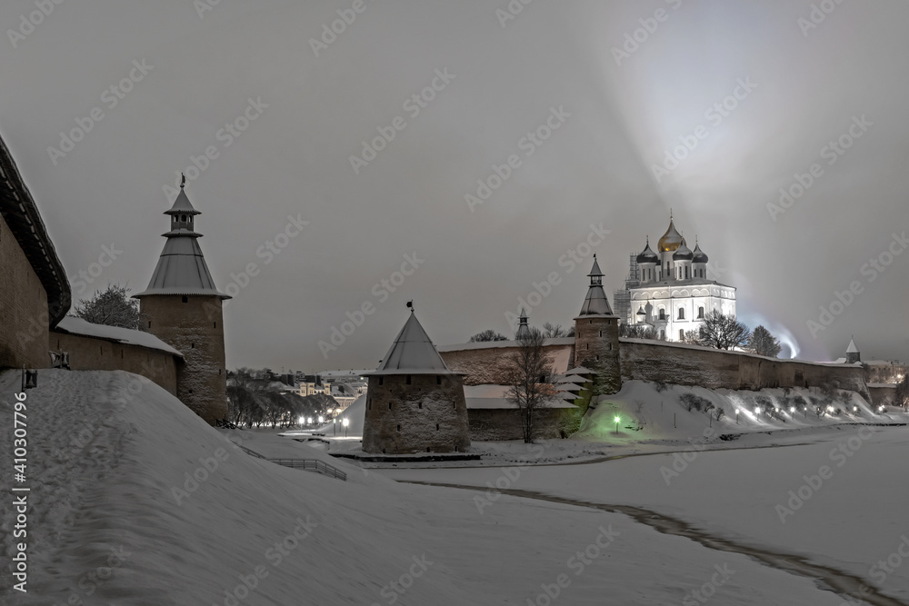 Pskov Kremlin and Trinity Cathedral at night	