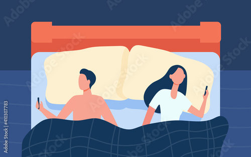 Couple using cellphones in bedroom. People lying in bed, looking at gadget screens. Flat vector illustration. Insomnia, sleep problem concept for banner, website design or landing web page