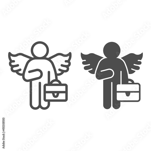 Man with wings and bag line and solid icon, startup concept, business angel sign on white background, investor icon in outline style for mobile concept and web design. Vector graphics.