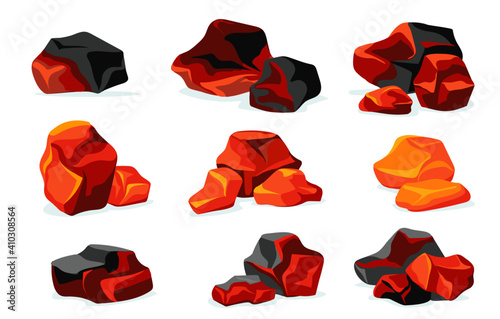 Red burning charcoal flat set for web design. Cartoon hot pile of coals for grill and barbecue isolated vector illustration collection. Decorative elements and fire oven for design concept