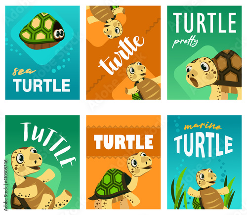 Bright leaflet designs with cute turtle. Colored funny marine character in different poses on cards. Marine wildlife and animals concept. Template for promotional leaflet or flyer