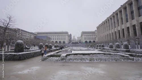 Wide angle shot of Mont des Arts (Kunstberg) in the snow, Brussels, Belgium photo