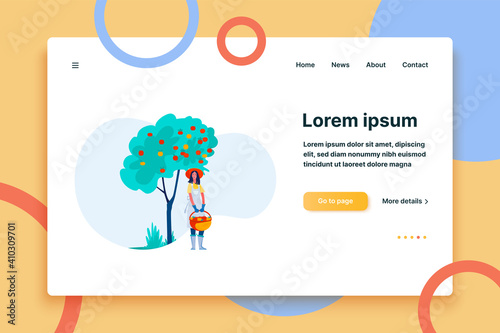 Female farmer picking apples. Young woman gathering harvest flat vector illustration. Farming, gardening, autumn concept for banner, website design or landing web page