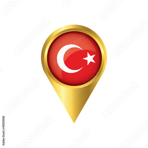 Flag of Turkey.symbol check in Turkey, golden map pointer with the national flag of Turkey in the button. vector illustration.