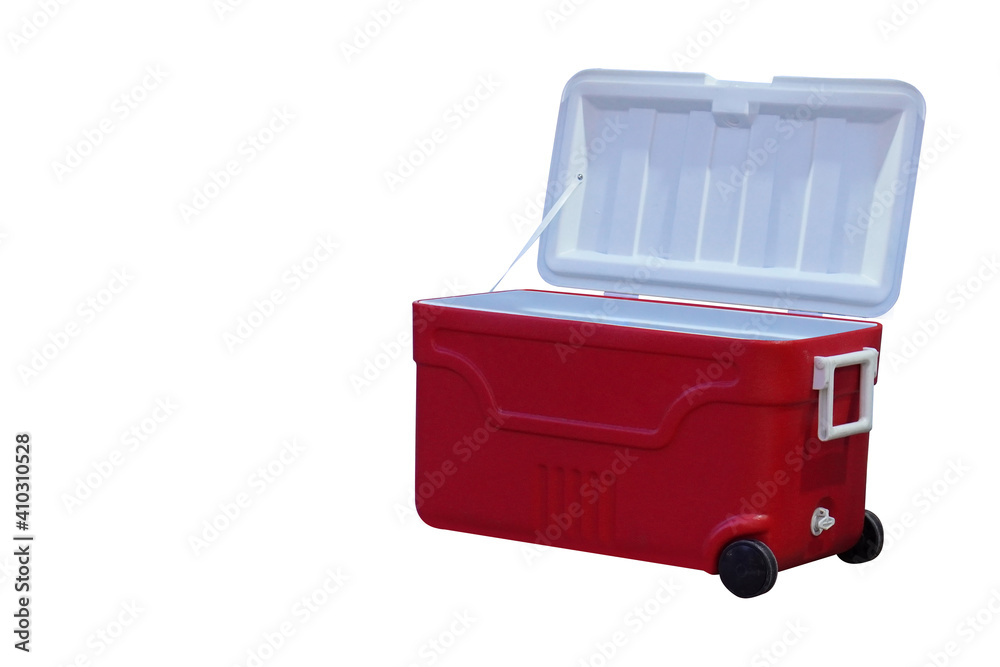 red and white plastic Ice bucket with wheels on white background, object, container, copy space red and white plastic Ice bucket with wheels on white background, object, container, copy space