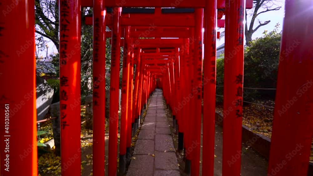 Slow POV style walk through rows of typical Japanese red Torii Gates Slow POV style walk through rows of typical Japanese red Torii Gates