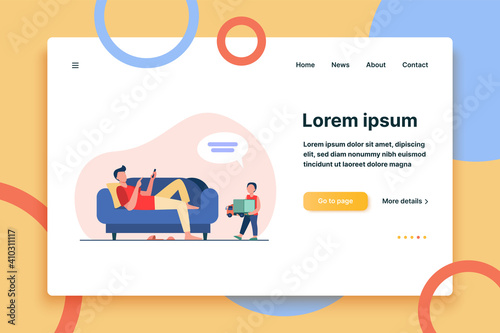 Father lying on sofa and listening son with toy. Child, truck, speech bubble flat vector illustration. Communication and parenthood concept for banner, website design or landing web page