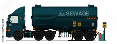 Isolated sewage semi trailer truck with pond on white background