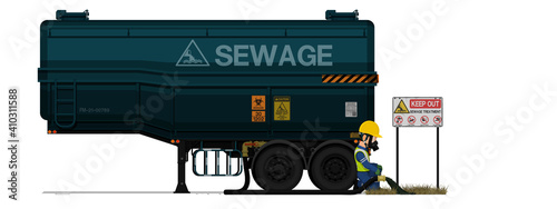 An industrial worker is releasing sewage on white background