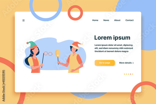 Happy people in masquerade costumes with masks. Festival, event, fun flat vector illustration. Celebration and holiday concept for banner, website design or landing web page
