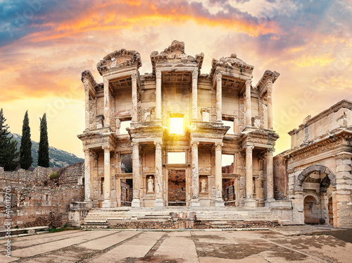 Facade of library of Celsus in Ephesus with back sun