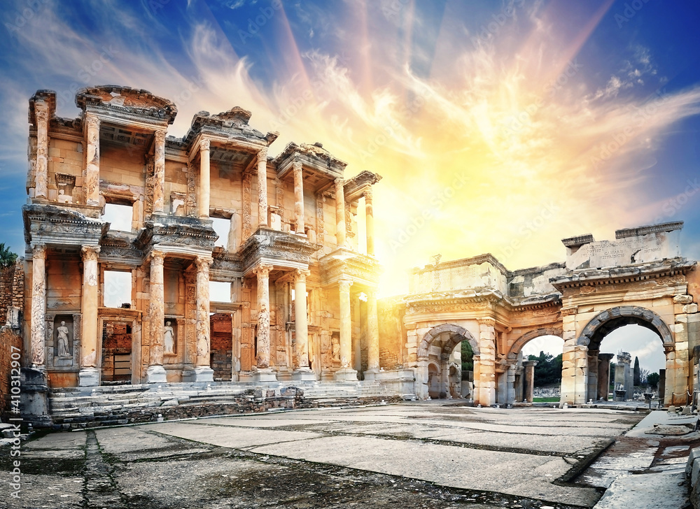 Library of Celsus in Ephesus with a setting sun