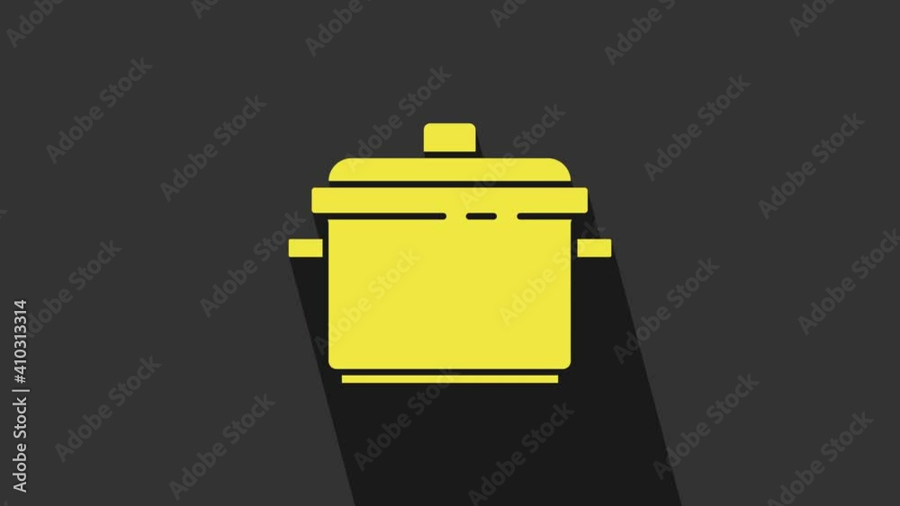Yellow Cooking pot icon isolated on grey background. Boil or stew food symbol. 4K Video motion graphic animation Yellow Cooking pot icon isolated on grey background. Boil or stew food symbol. 4K Video motion graphic animation