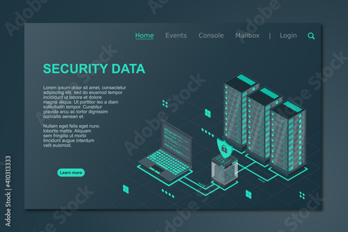 Data security isometric illustration. Illustration of a server laptop and firewall. Isometric technology. Vector illustration