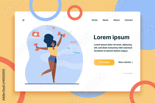 Happy dark skinned girl doing exercises. Woman dancing with dumbbells flat vector illustration. Fitness, gym, weight lifting concept for banner, website design or landing web page