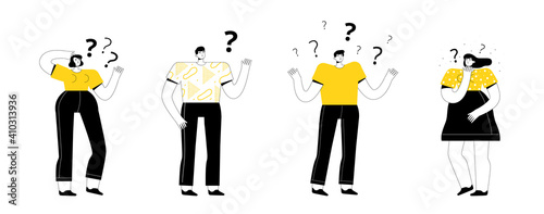 A set of thinking people. Men and women reflect and ask questions. Question marks around people